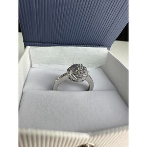 Round Brilliant Natural Diamond Halo Ring with Sterling Silver Band